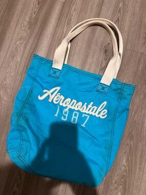 Aeropostale Turquoise Canvas Tote with Cream Handles